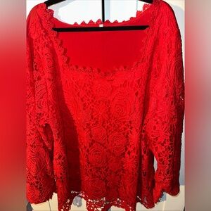 Floral Lace With Lining Red Women’s Holiday Top Size 4XL